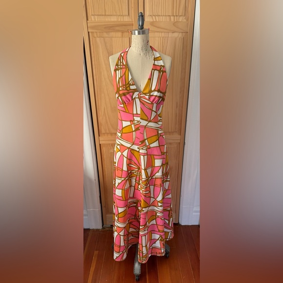 1970s Geometric Print Polyester Halter Maxi Dress - Picture 2 of 8